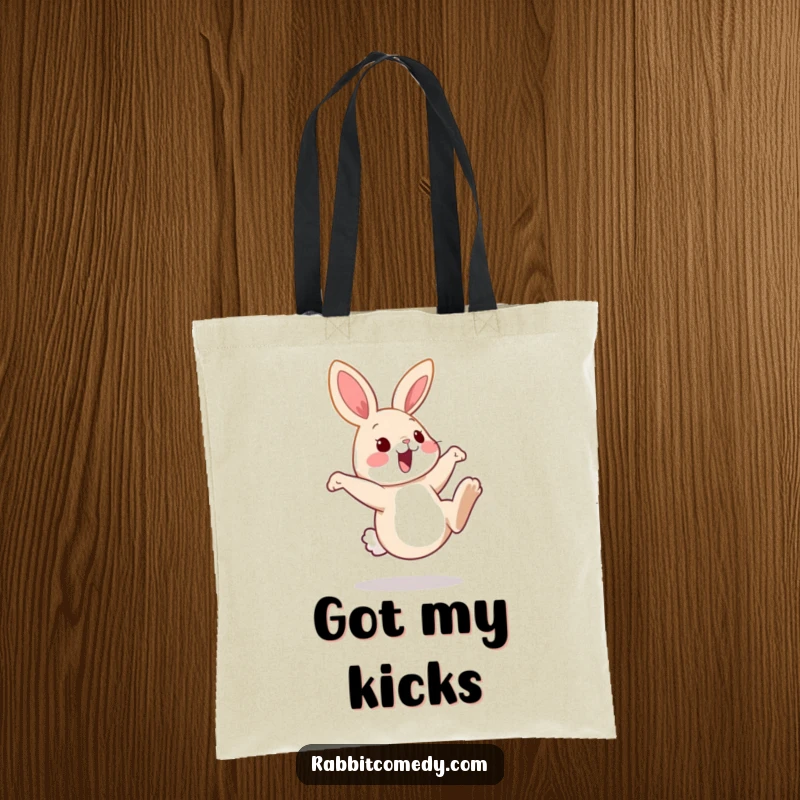 Funny rabbit tote bag showcasing a cheerful bunny kicking its back legs high, embodying playful energy and fun for your errands.