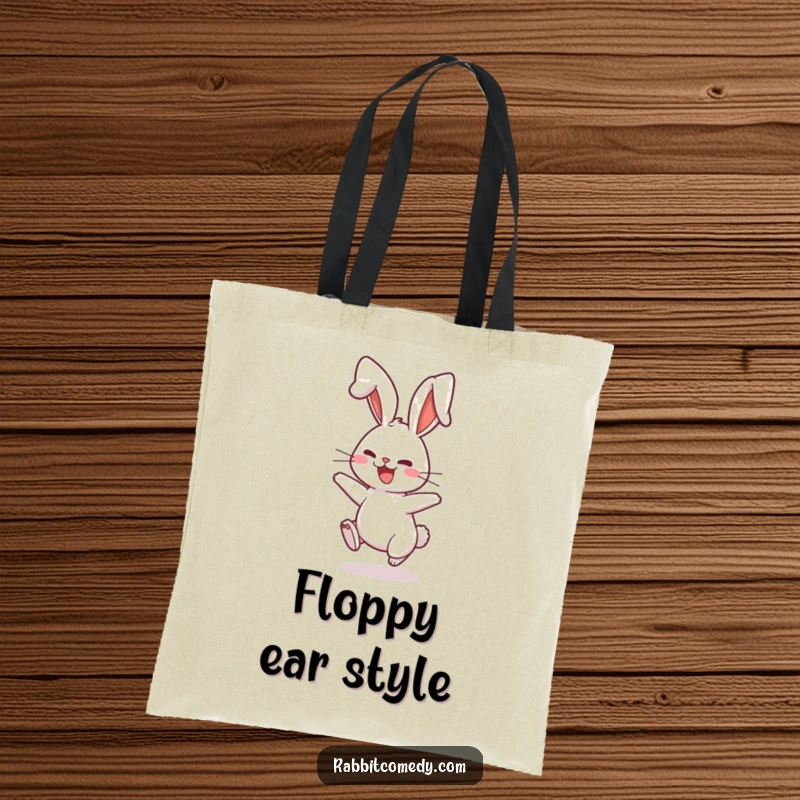 Funny Tote Bag showcasing a rabbit character playfully bouncing with comically floppy ears, great for carrying essentials with flair.