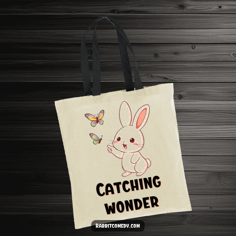 Funny Rabbit Butterfly Tote Bag: A practical tote bag showcasing an excited rabbit pointing at a butterfly.