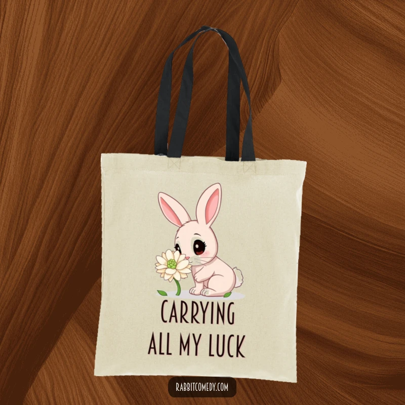 Funny Rabbit Tote Bag: A charming rabbit character enthusiastically sniffing a giant clover, perfect for carrying your essentials with a smile.