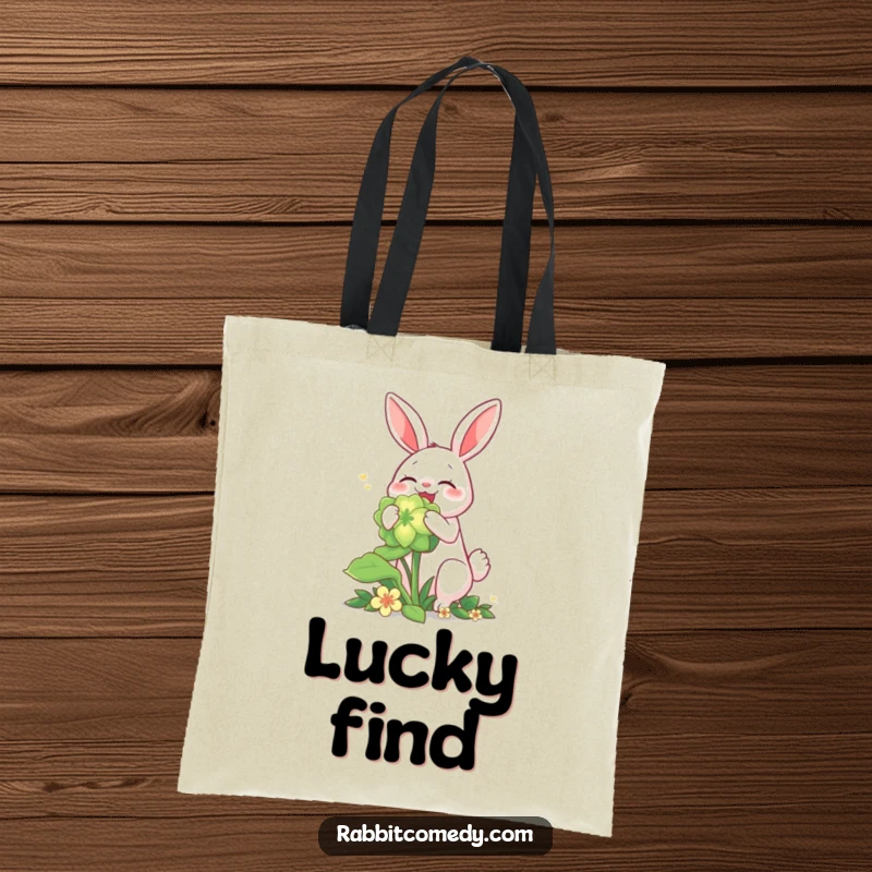 Funny rabbit tote bag, joyfully eating a giant, glowing clover, perfect for carrying your treasures.