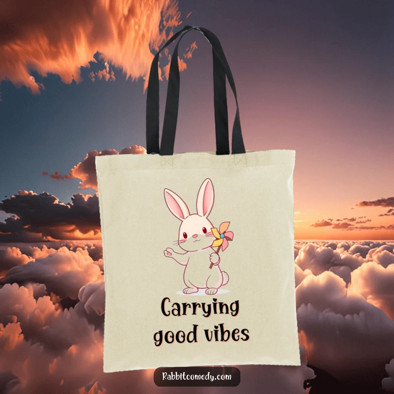 Funny Rabbit Pinwheel Tote Bag: A practical tote bag showcasing a rabbit artistically balancing a spinning pinwheel.