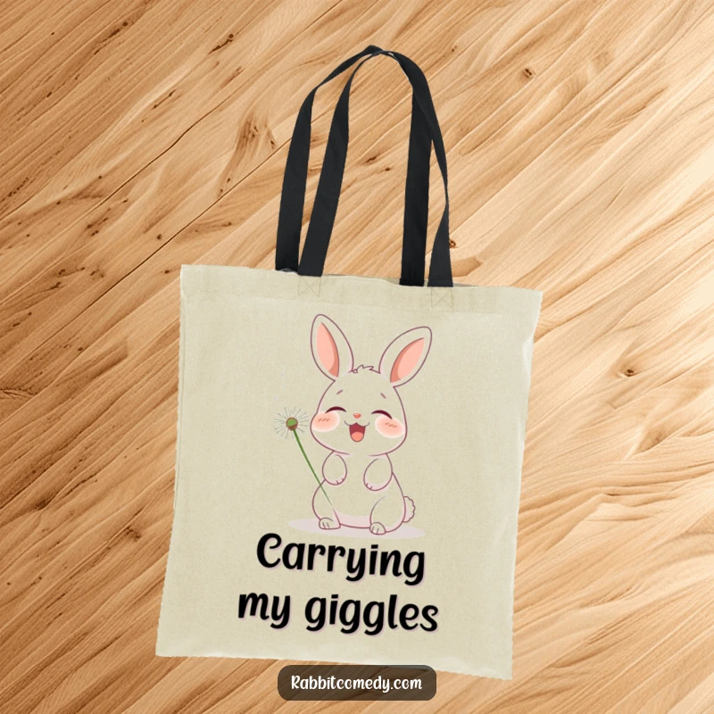 Funny rabbit tote bag, a cartoon bunny in stitches of laughter, tickled by a floating dandelion puff, ready for shopping.