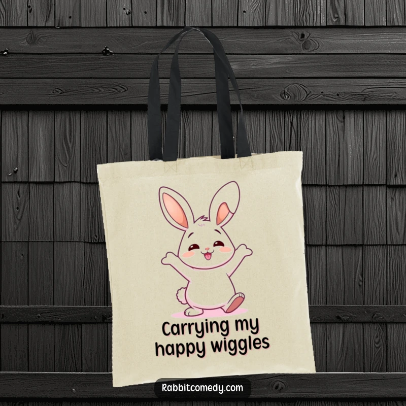Funny Tote Bag showcasing a happy rabbit with dynamically wiggly ears, dancing with infectious energy and humor.