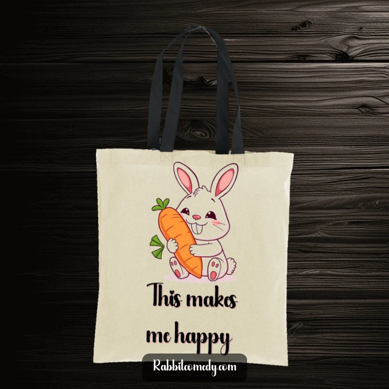 Funny rabbit tote bag featuring a happy bunny with a wide grin holding a giant, smiling carrot, perfect for carrying groceries with style.