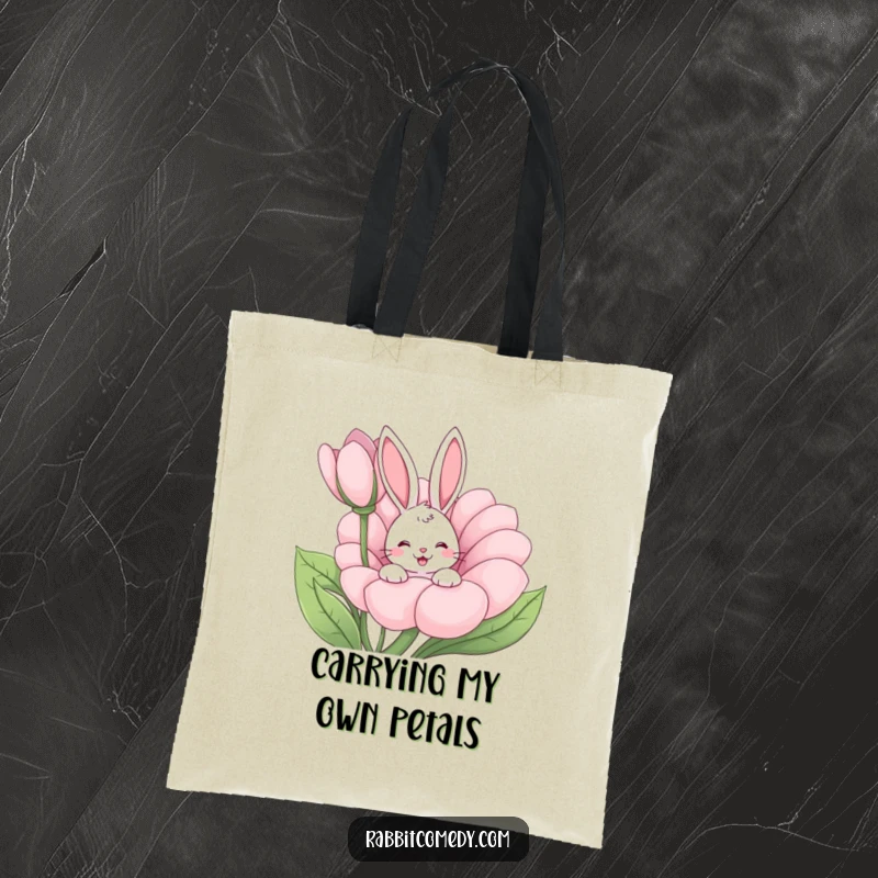 Funny rabbit peeking from a giant flower, happy wiggle, durable cartoon tote bag, perfect cute and funny gift.