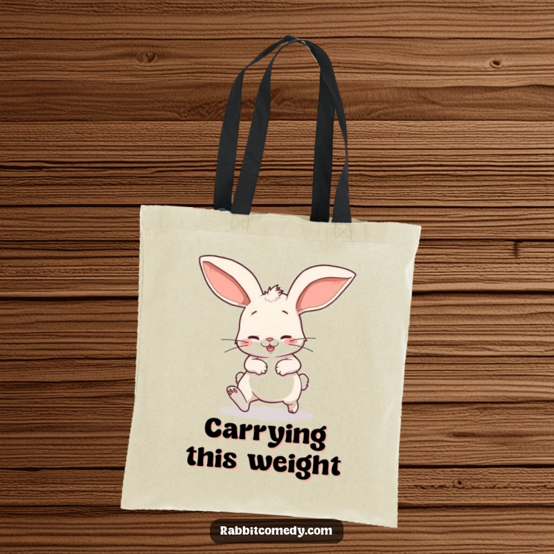 Funny tote bag showcasing a cartoon rabbit comically stumbling with huge floppy ears, designed for carrying items with a humorous touch.