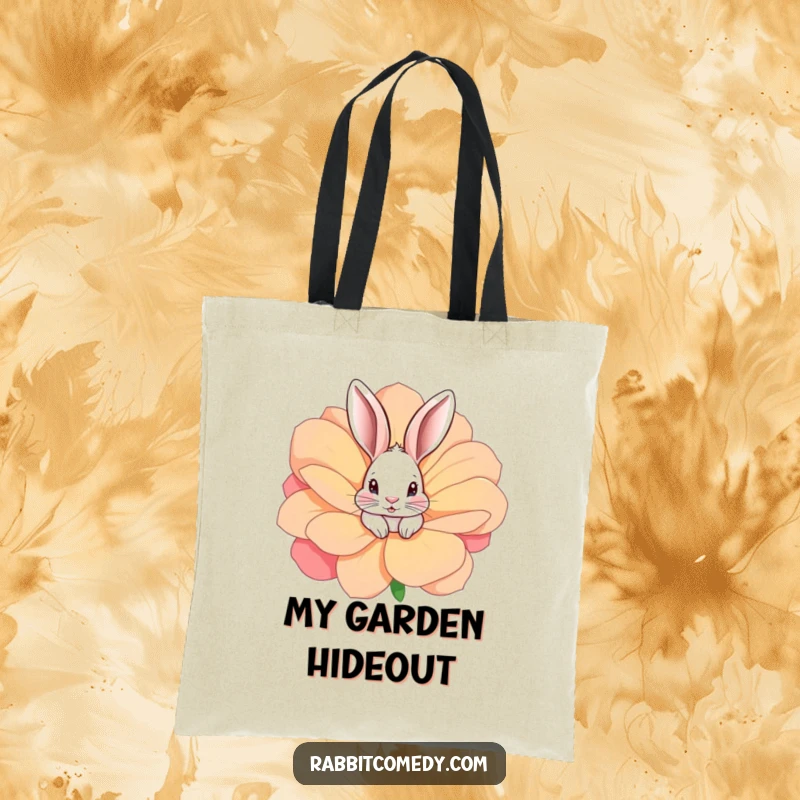 Funny rabbit peeking from a large, colorful flower, ready for adventure on this practical and humorous tote bag.