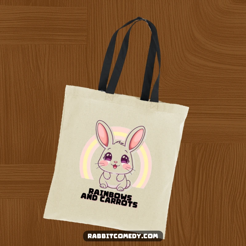 Funny tote bag featuring a rabbit character with wide, amazed eyes gazing at a colorful rainbow, perfect for carrying essentials with a smile.