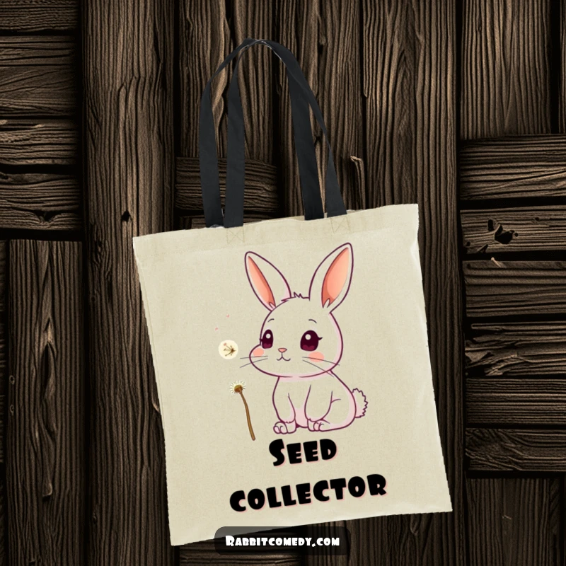 Funny tote bag featuring a curious rabbit with perked ears, observing a delicate dandelion seed as it floats serenely through the air.