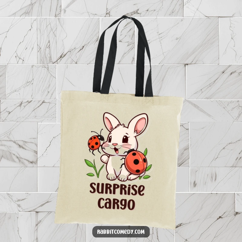 Funny tote bag with a surprised rabbit being nudged by a cute ladybug, designed for a humorous and charming everyday carry.